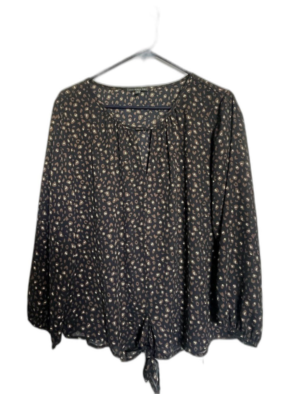 West Kei Navy / Dark Blue Blouse with Brown Spot Print and Front Tie